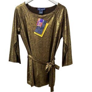 SUSAN GRAVER Womens Top Medium Gold Metallic Stretch Tunic 3/4 Sleeve w/ Belt